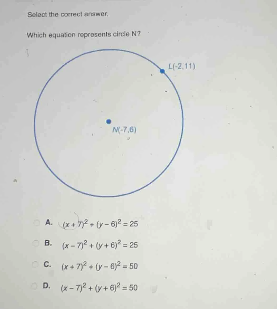 select the correct answer. which equation represents circle n? l(-2,11)…