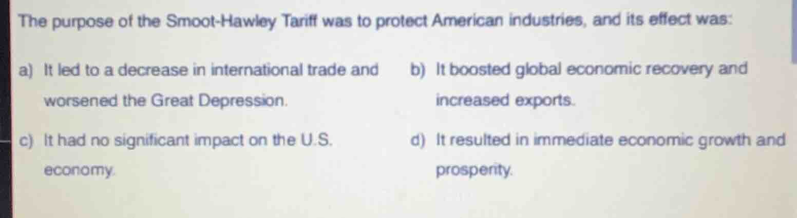 the purpose of the smoot-hawley tariff was to protect american industri…