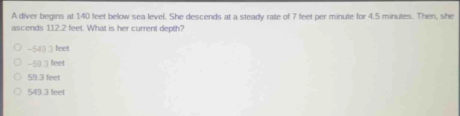 a diver begins at 140 feet below sea level. she descends at a steady ra…