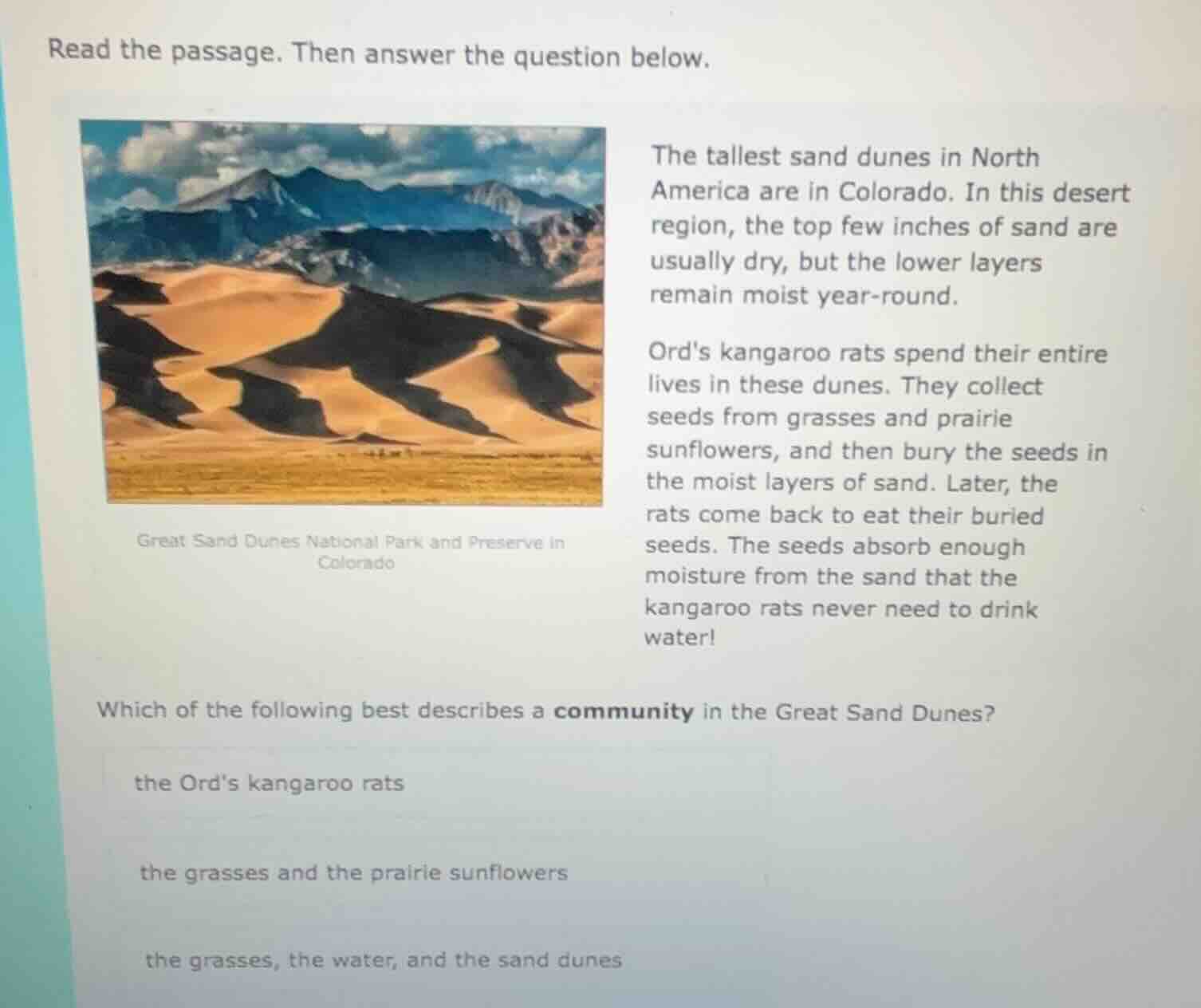 read the passage. then answer the question below. great sand dunes nati…