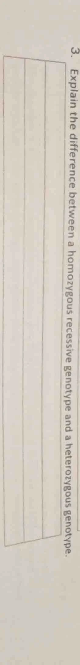 3. explain the difference between a homozygous recessive genotype and a…