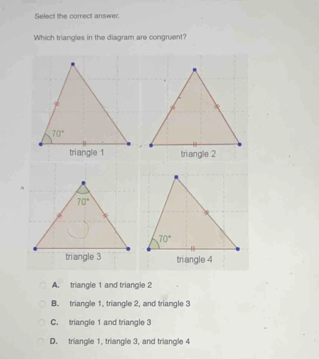 select the correct answer. which triangles in the diagram are congruent…