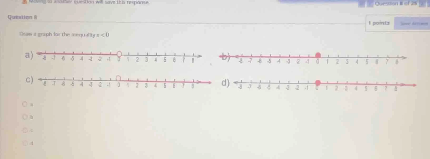 question 8 draw a graph for the inequality ( x < 0 ) a) number line wit…