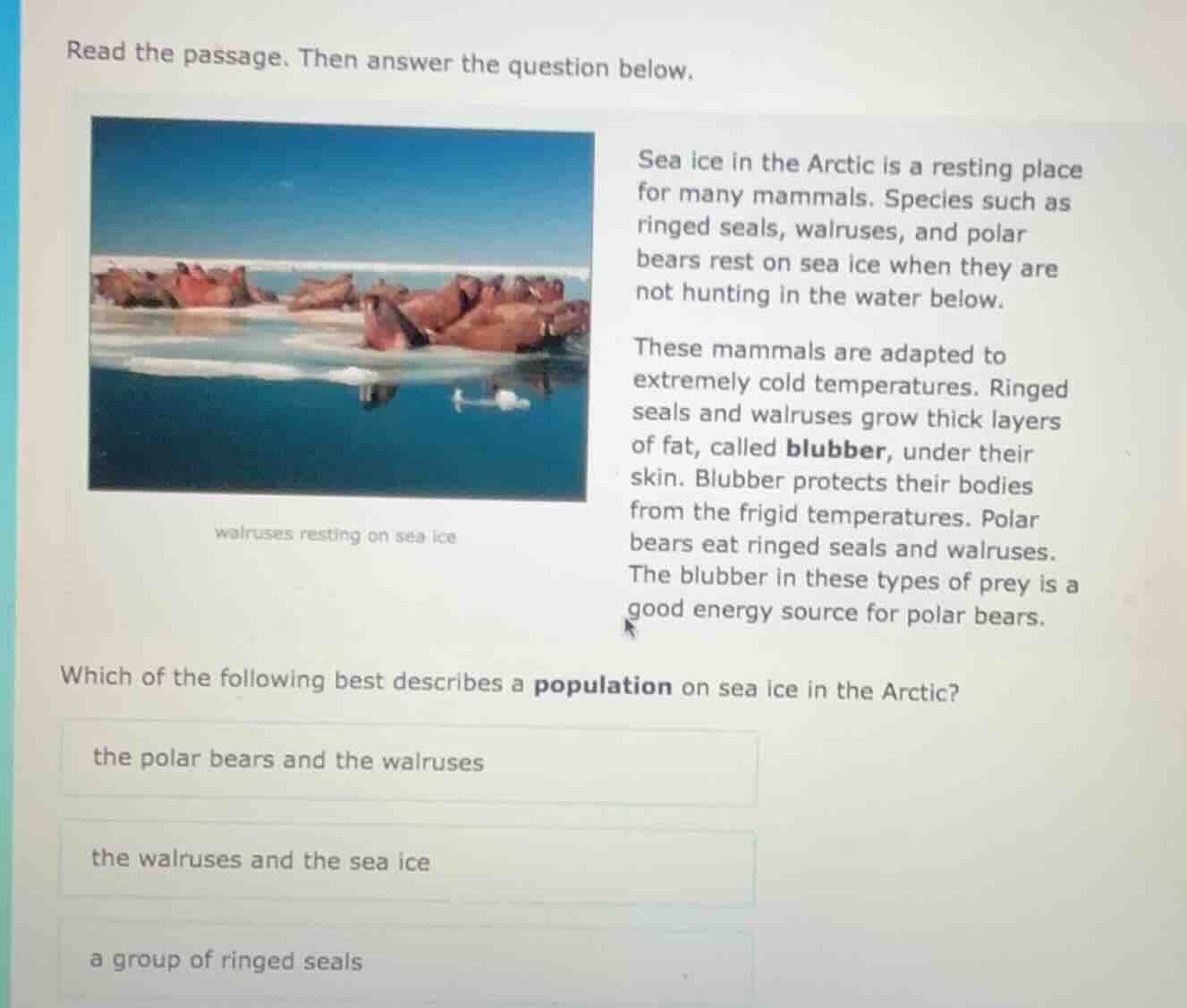 read the passage. then answer the question below. sea ice in the arctic…