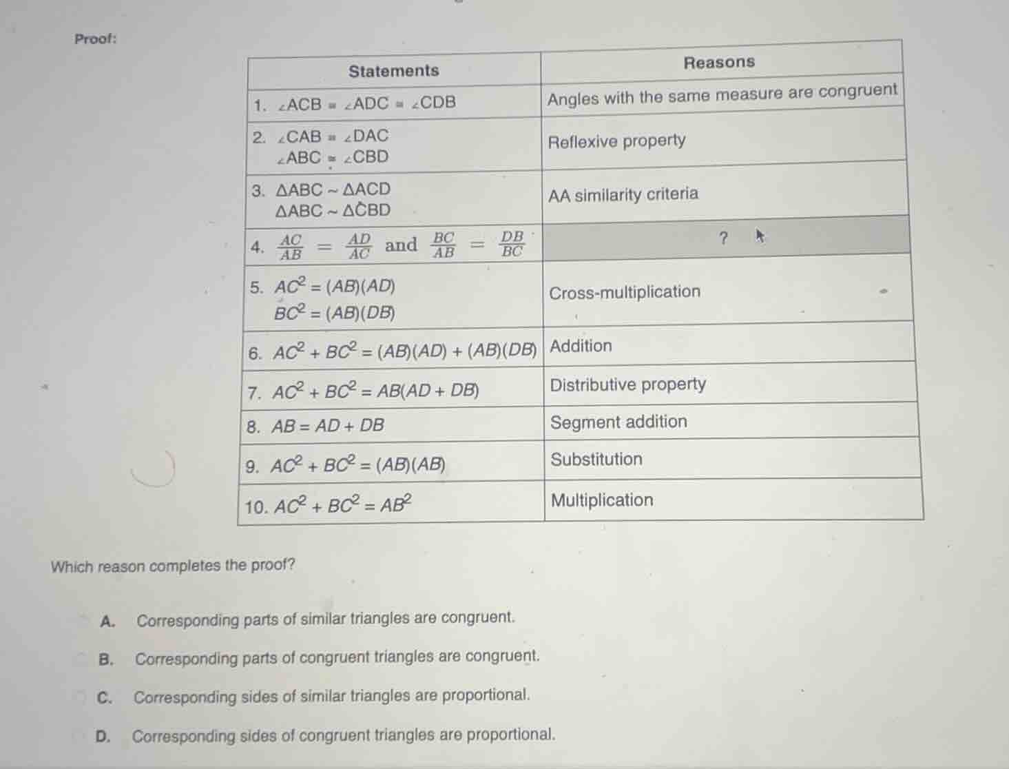 proof: | statements | reasons | | --- | --- | | 1. $\\angle acb \\cong …