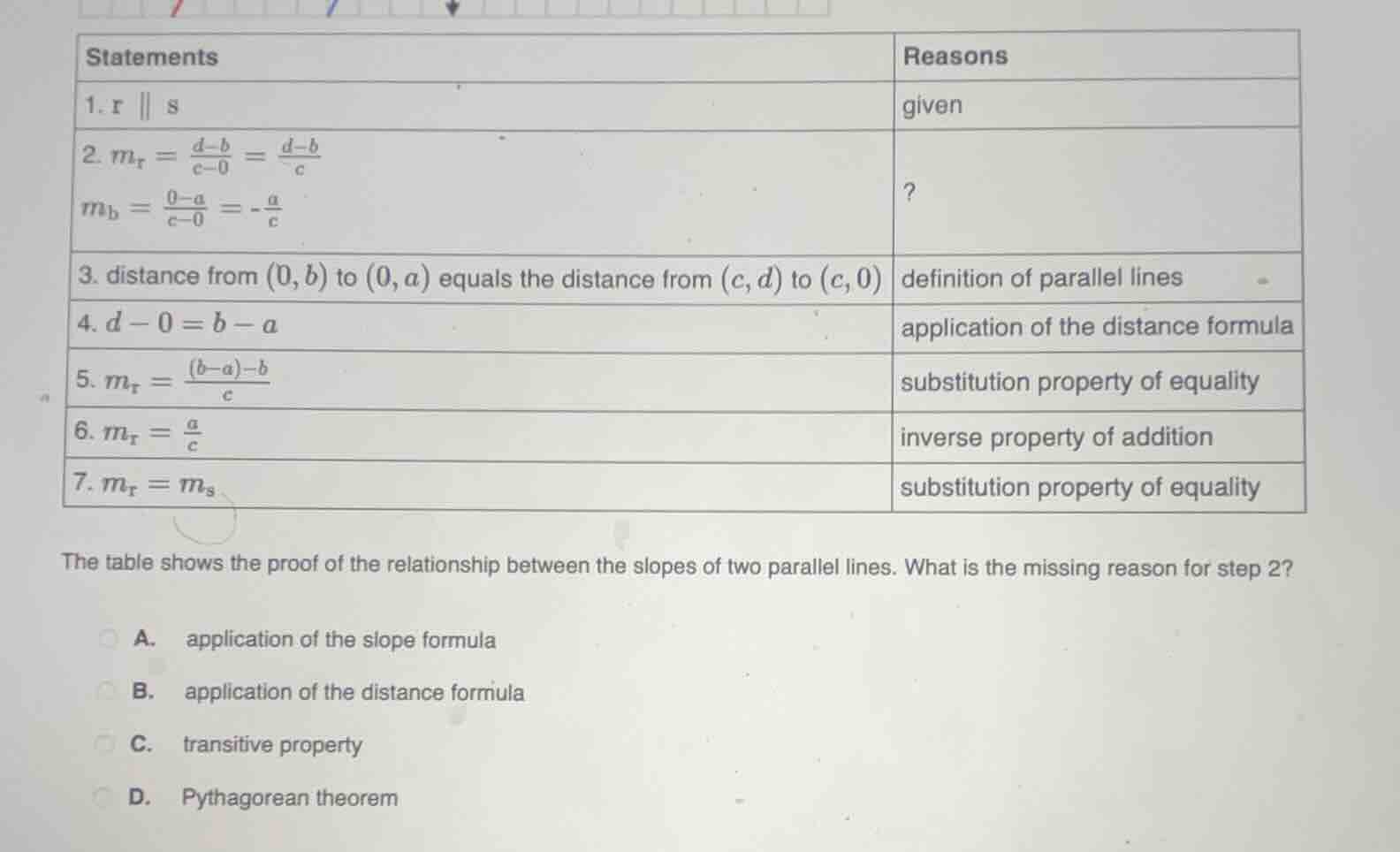 statements reasons 1. r ∥ s given 2. $m_r = \\frac{d - b}{c - 0} = \\fr…