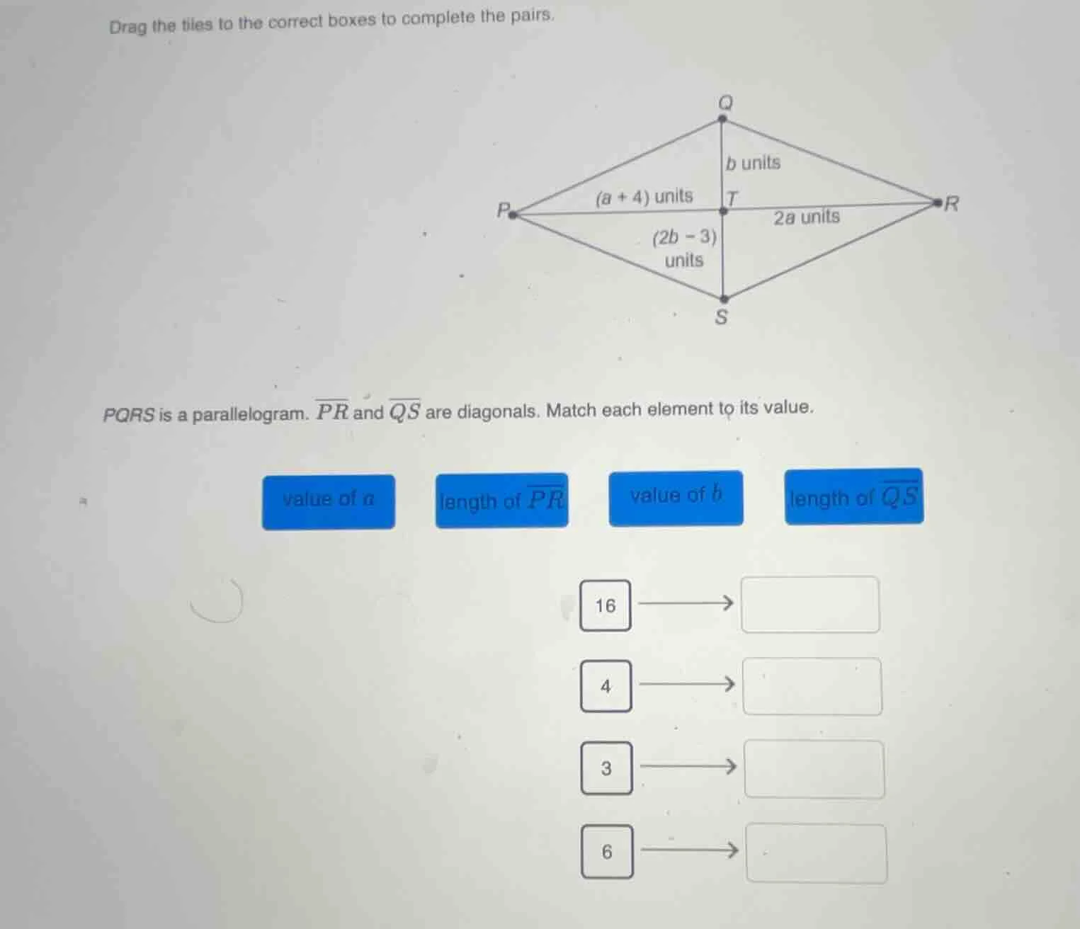 drag the tiles to the correct boxes to complete the pairs. pqrs is a pa…