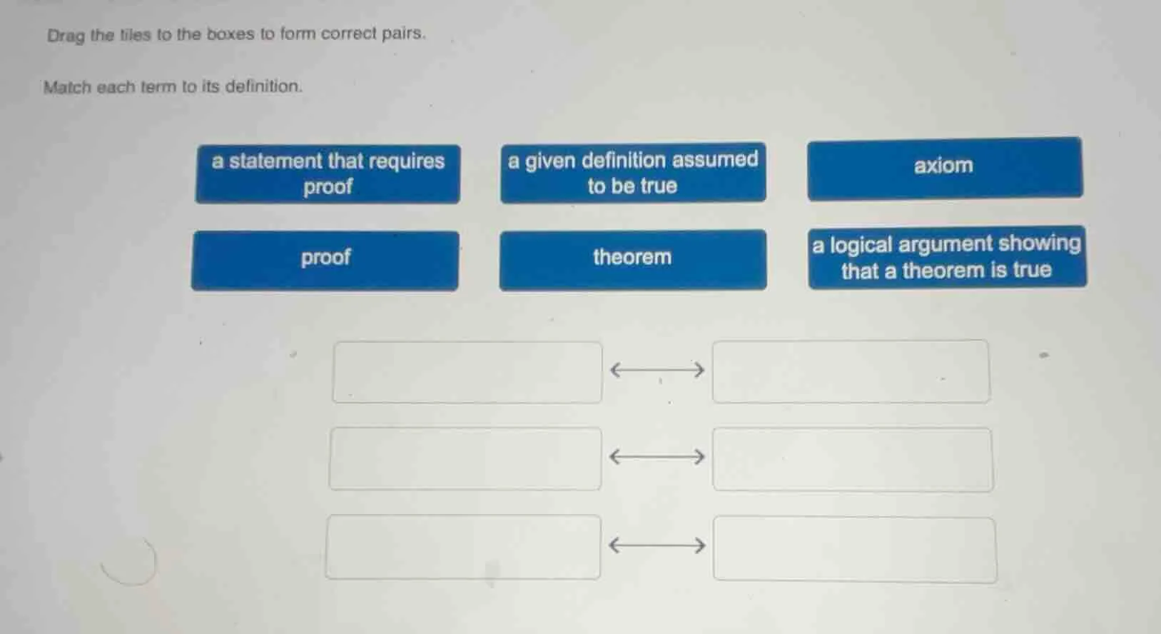 drag the tiles to the boxes to form correct pairs. match each term to i…