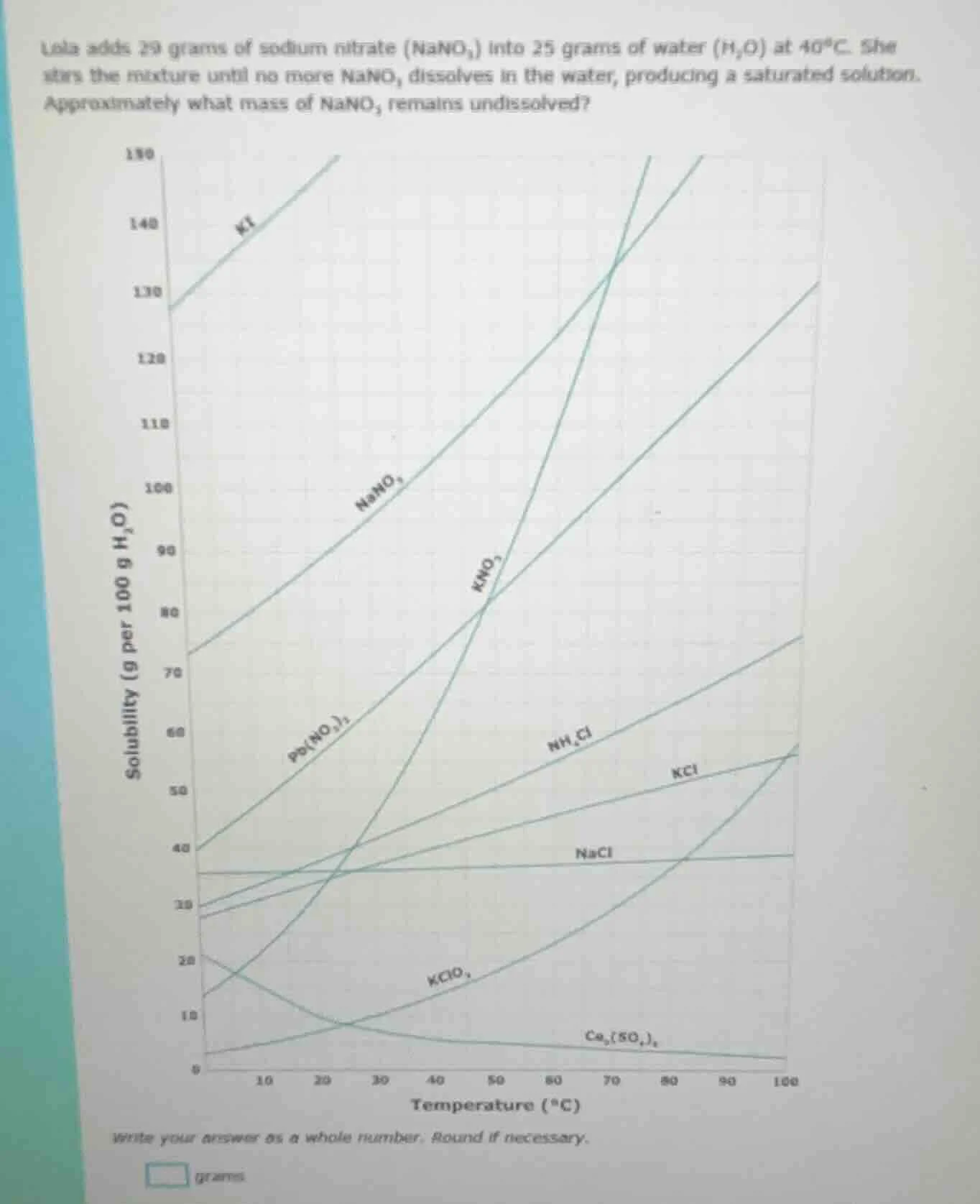 lola adds 29 grams of sodium nitrate (nano₃) into 25 grams of water (h₂…
