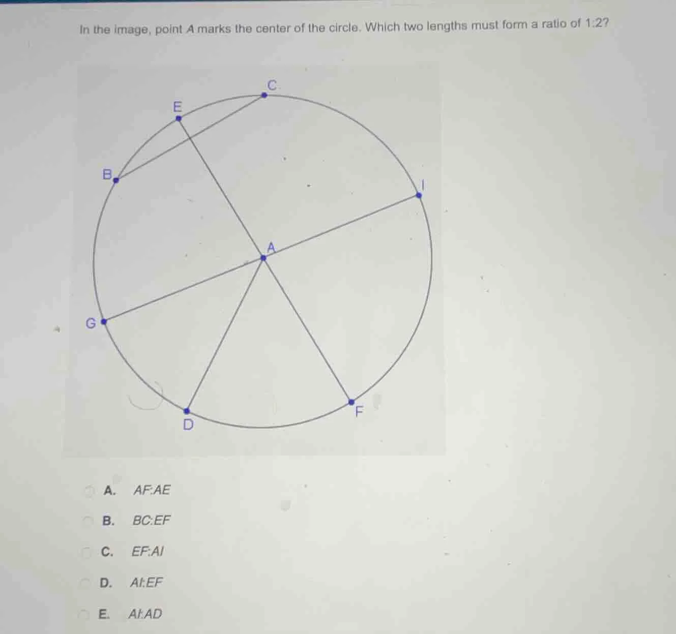 in the image, point a marks the center of the circle. which two lengths…
