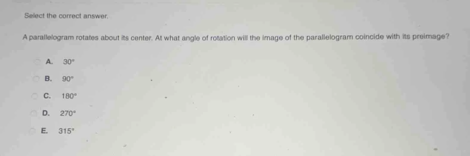 select the correct answer. a parallelogram rotates about its center. at…
