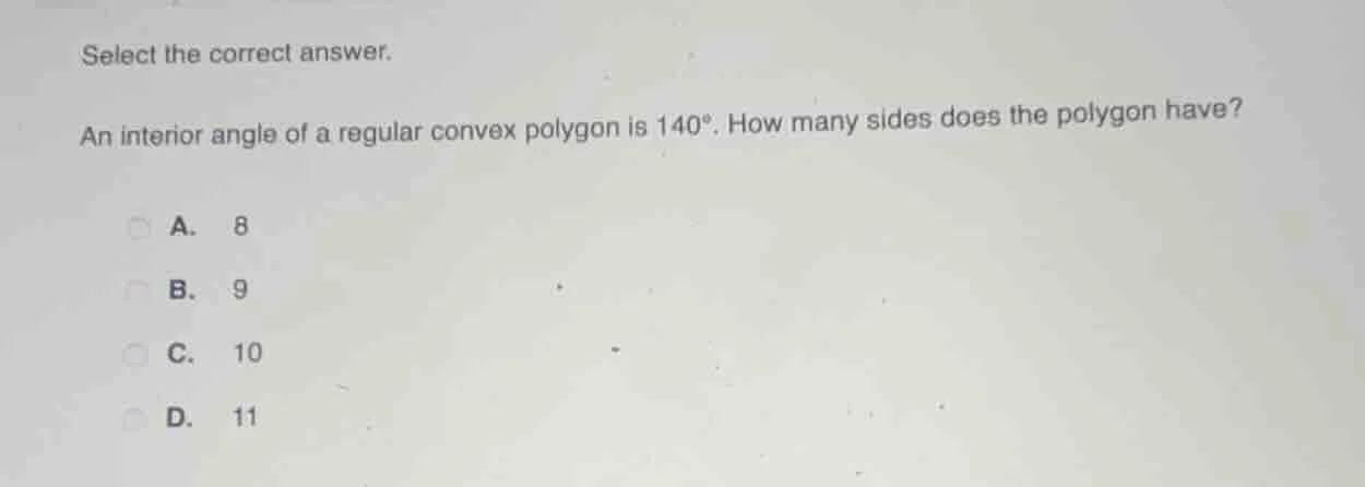 select the correct answer. an interior angle of a regular convex polygo…