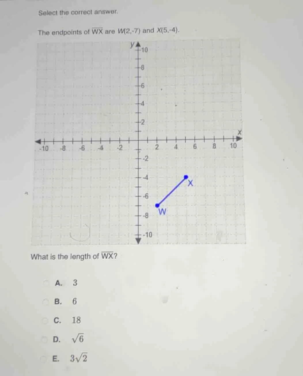 select the correct answer. the endpoints of \\(\\overline{wx}\\) are \\…