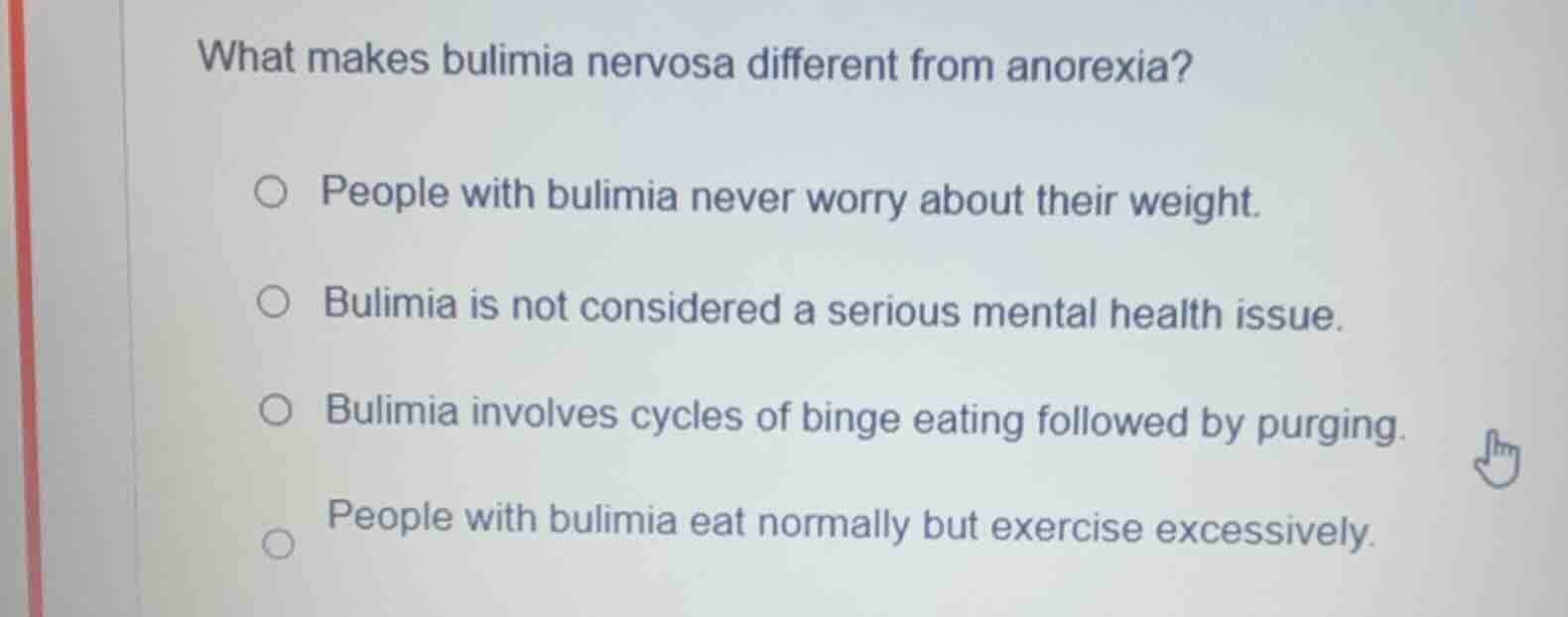 what makes bulimia nervosa different from anorexia? people with bulimia…