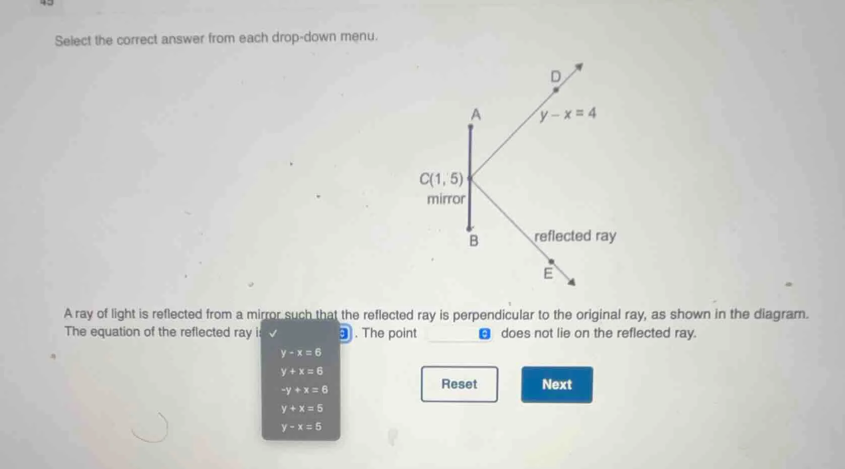 select the correct answer from each drop - down menu. a ray of light is…