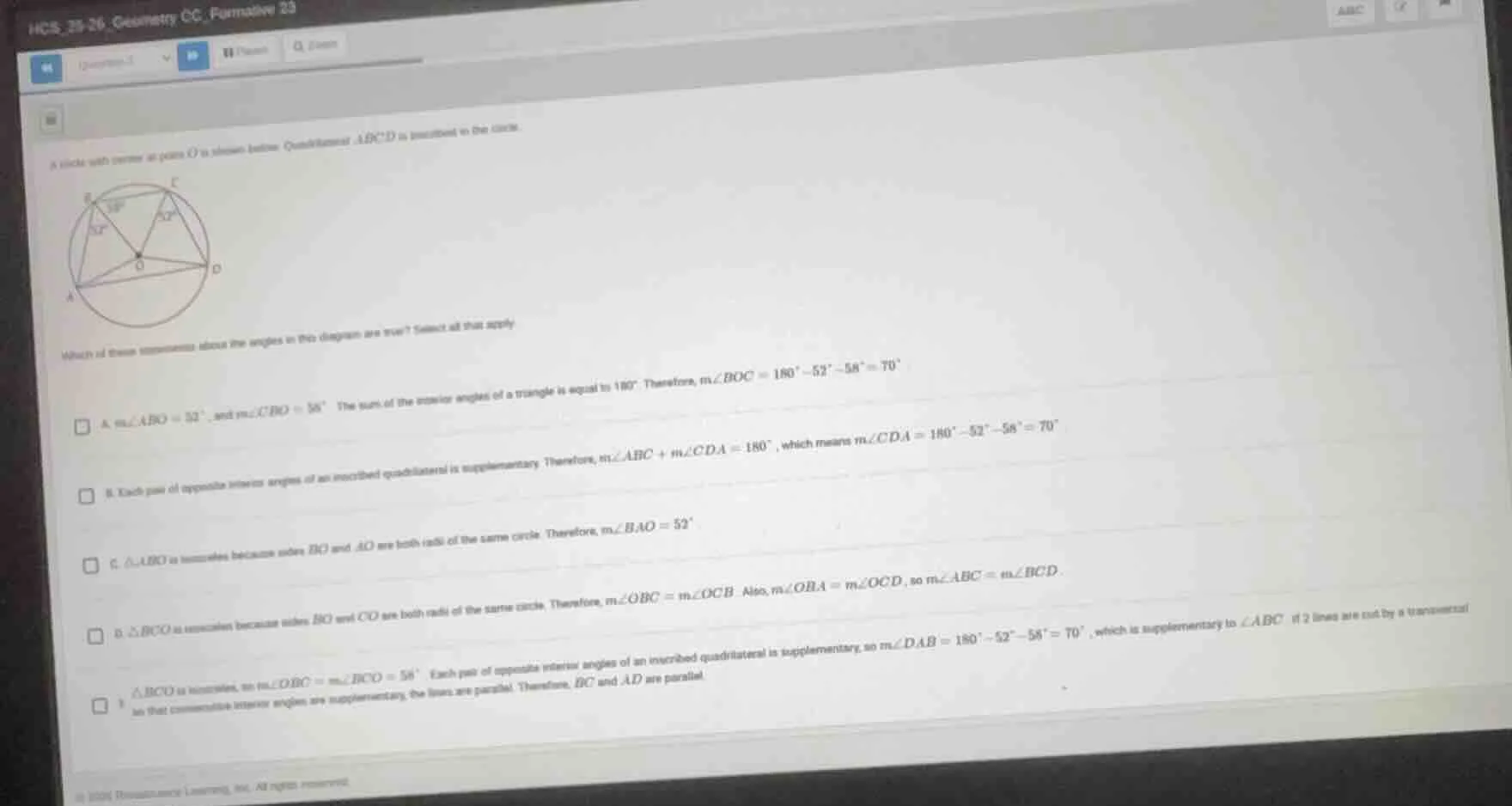 a circle with center at point o is shown below. quadrilateral abcd is i…