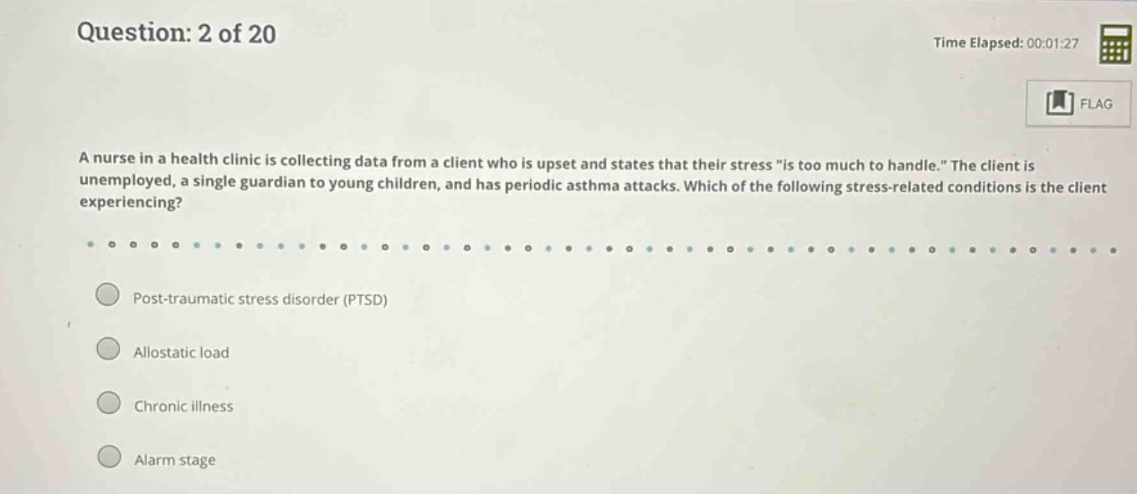 question: 2 of 20 time elapsed: 00:01:27 a nurse in a health clinic is …