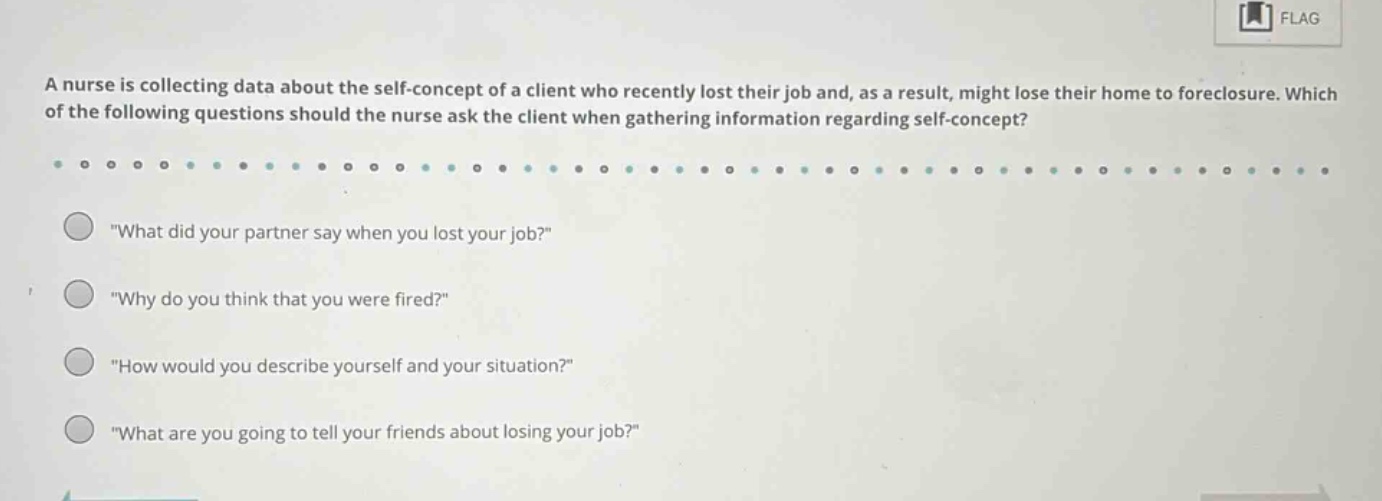 a nurse is collecting data about the self - concept of a client who rec…