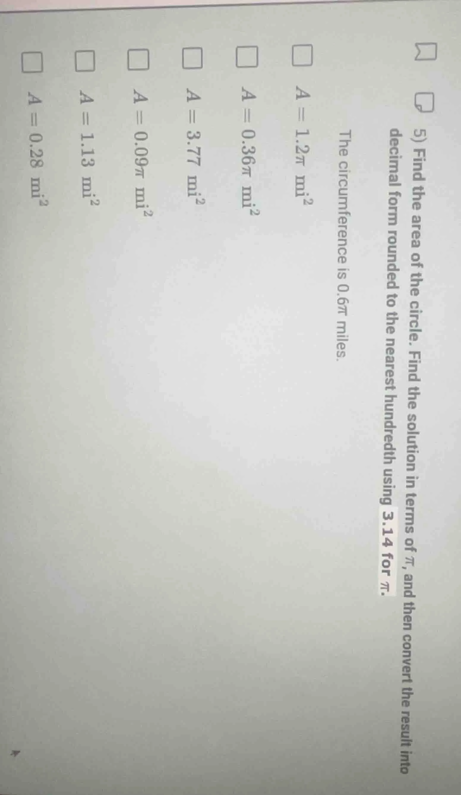 5) find the area of the circle. find the solution in terms of \\(\\pi\\…