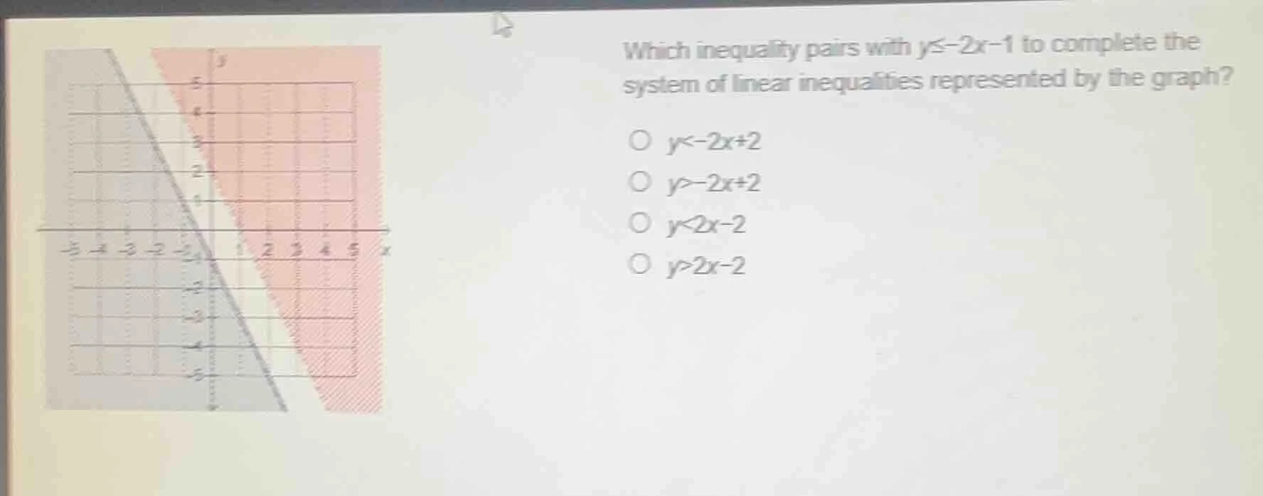which inequality pairs with ( y leq -2x - 1 ) to complete the system of…
