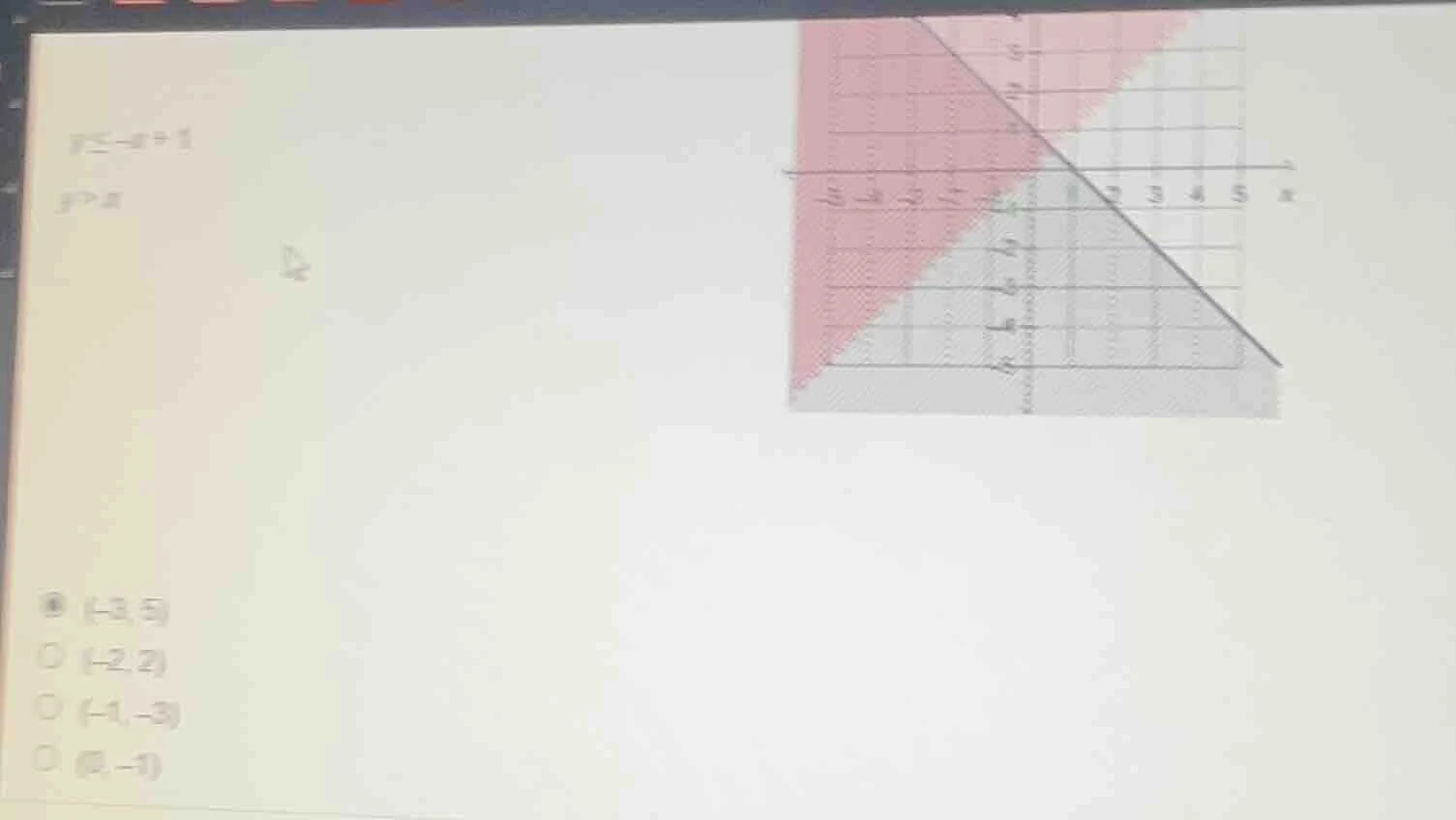 y ≤ -x + 1 y > x options: (-3, 5); (-2, 2); (-1, -3); (0, -1)