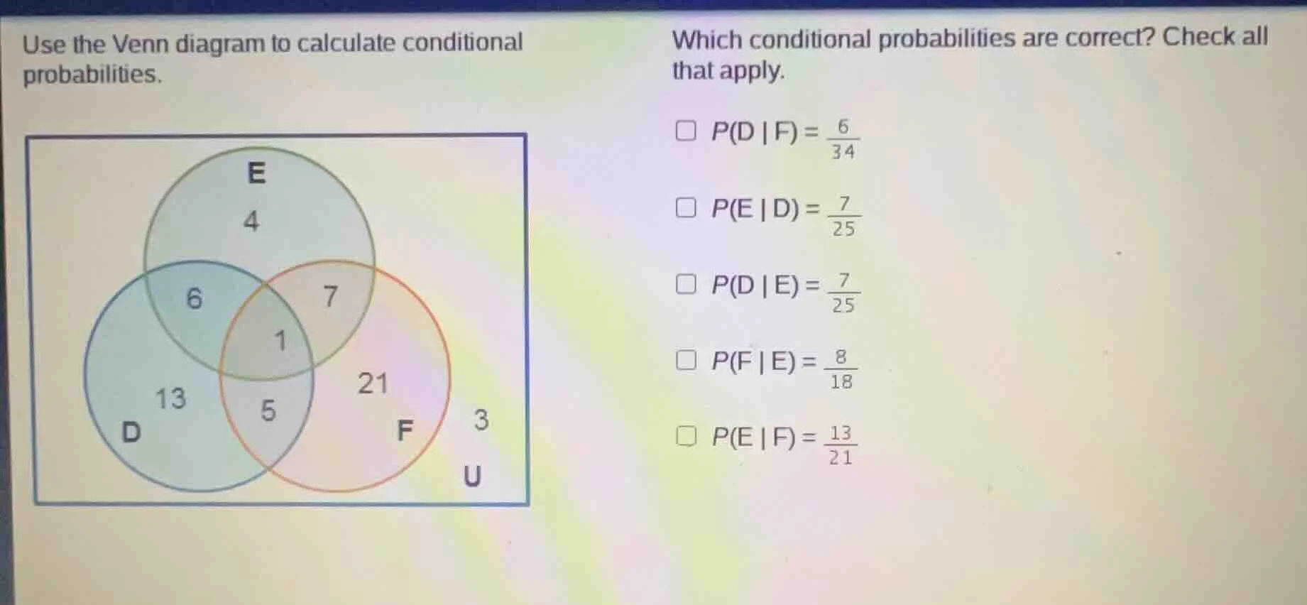 use the venn diagram to calculate conditional probabilities. which cond…
