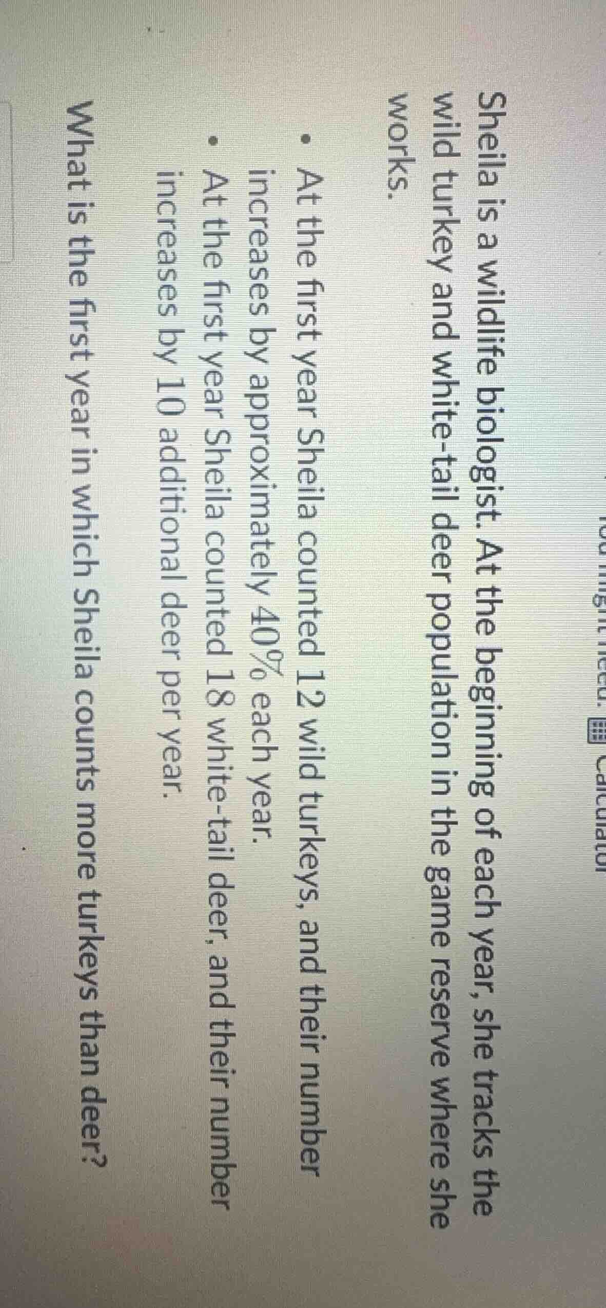 sheila is a wildlife biologist. at the beginning of each year, she trac…