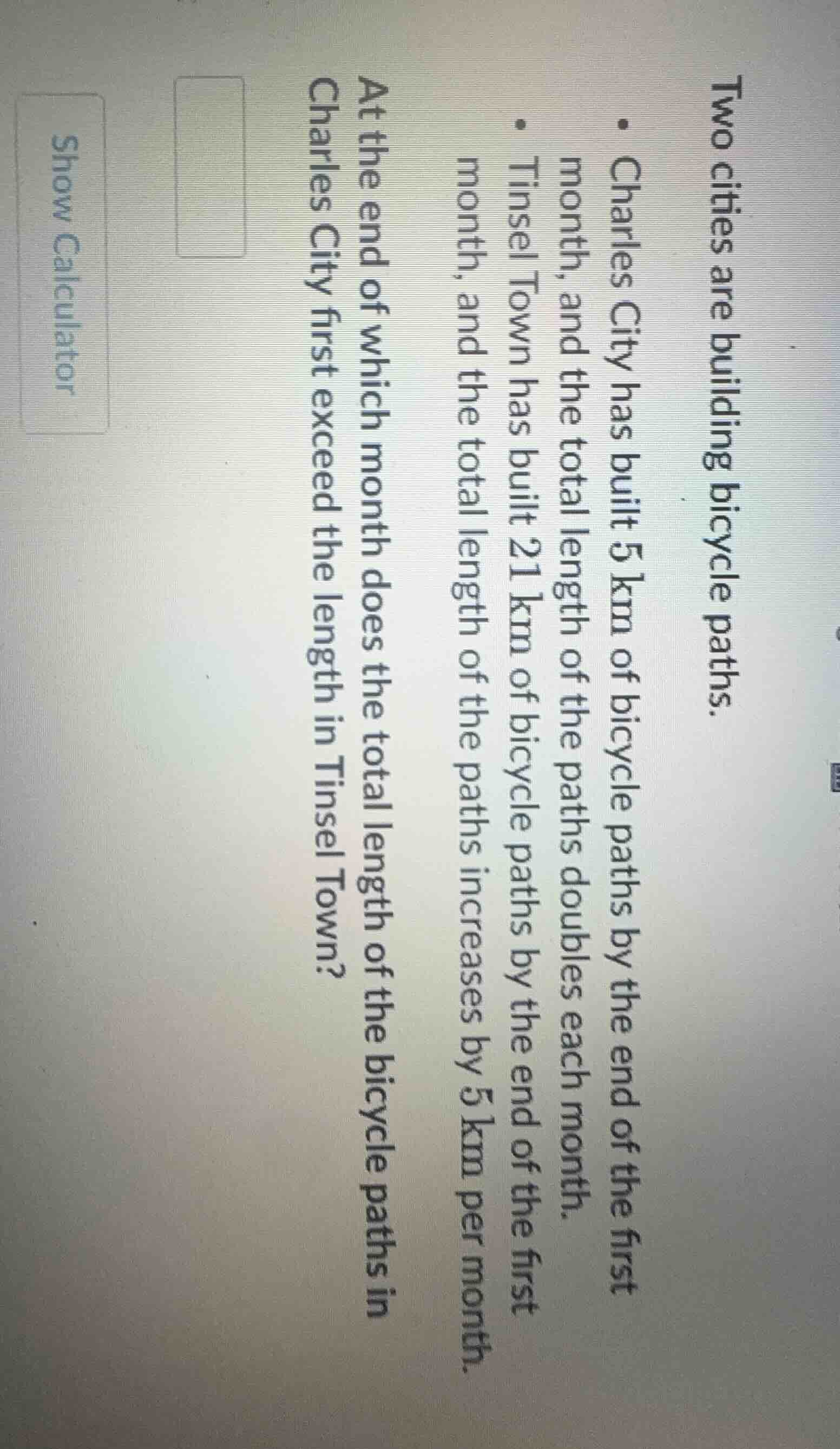 two cities are building bicycle paths. - charles city has built 5 km of…