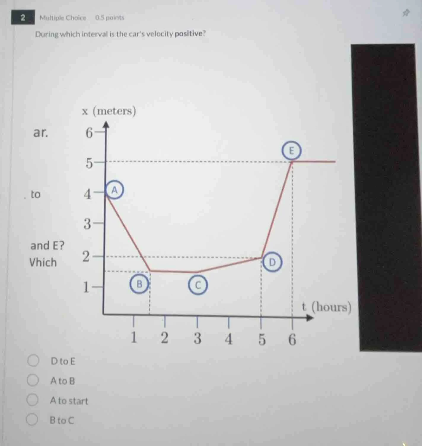 2 multiple choice 0.5 points during which interval is the cars velocity…