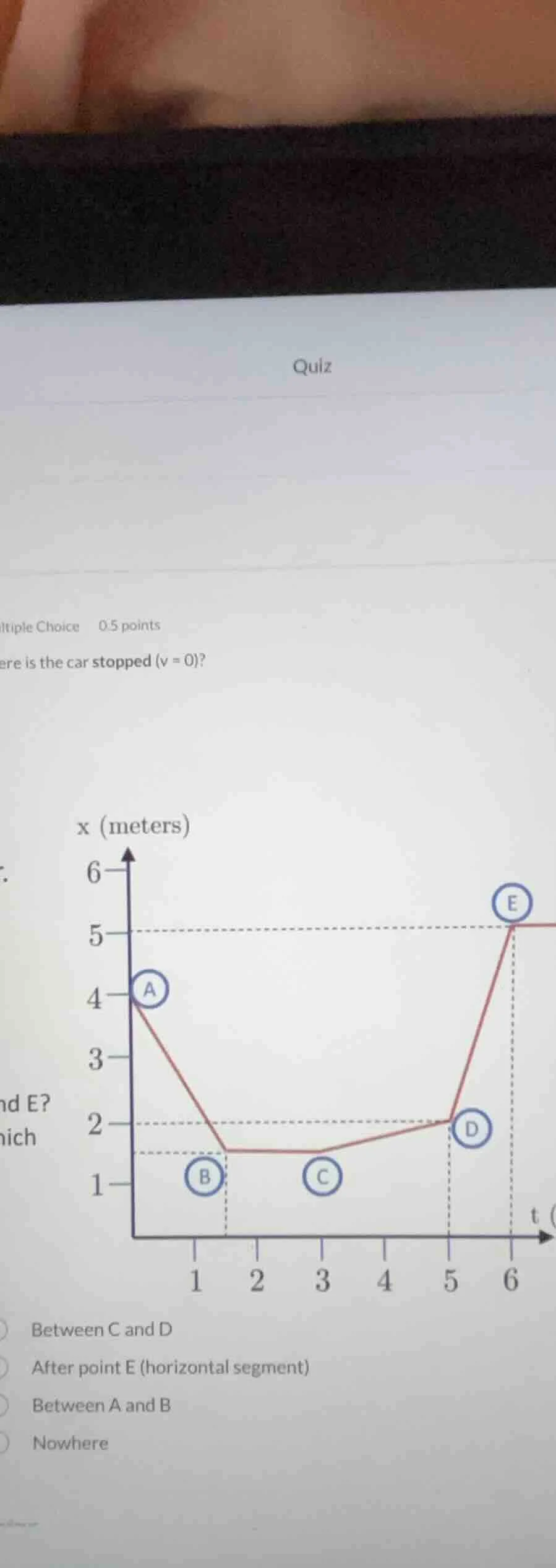 quiz multiple choice 0.5 points where is the car stopped (v = 0)? chart…