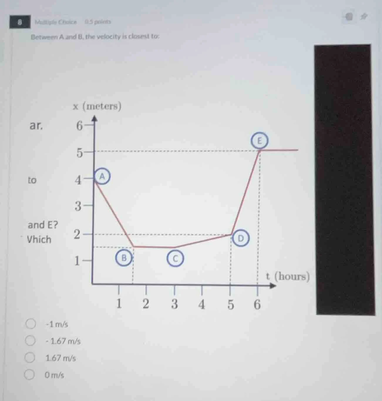 8 multiple choice 0.5 points between a and b, the velocity is closest t…