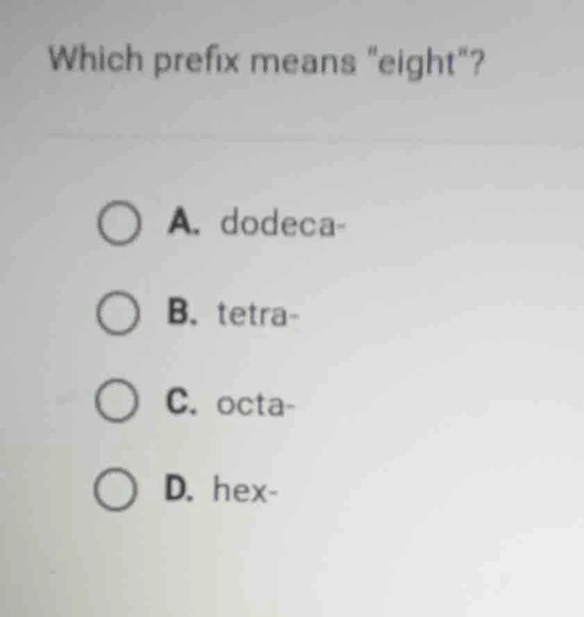 which prefix means \eight\? a. dodeca- b. tetra- c. octa- d. hex-