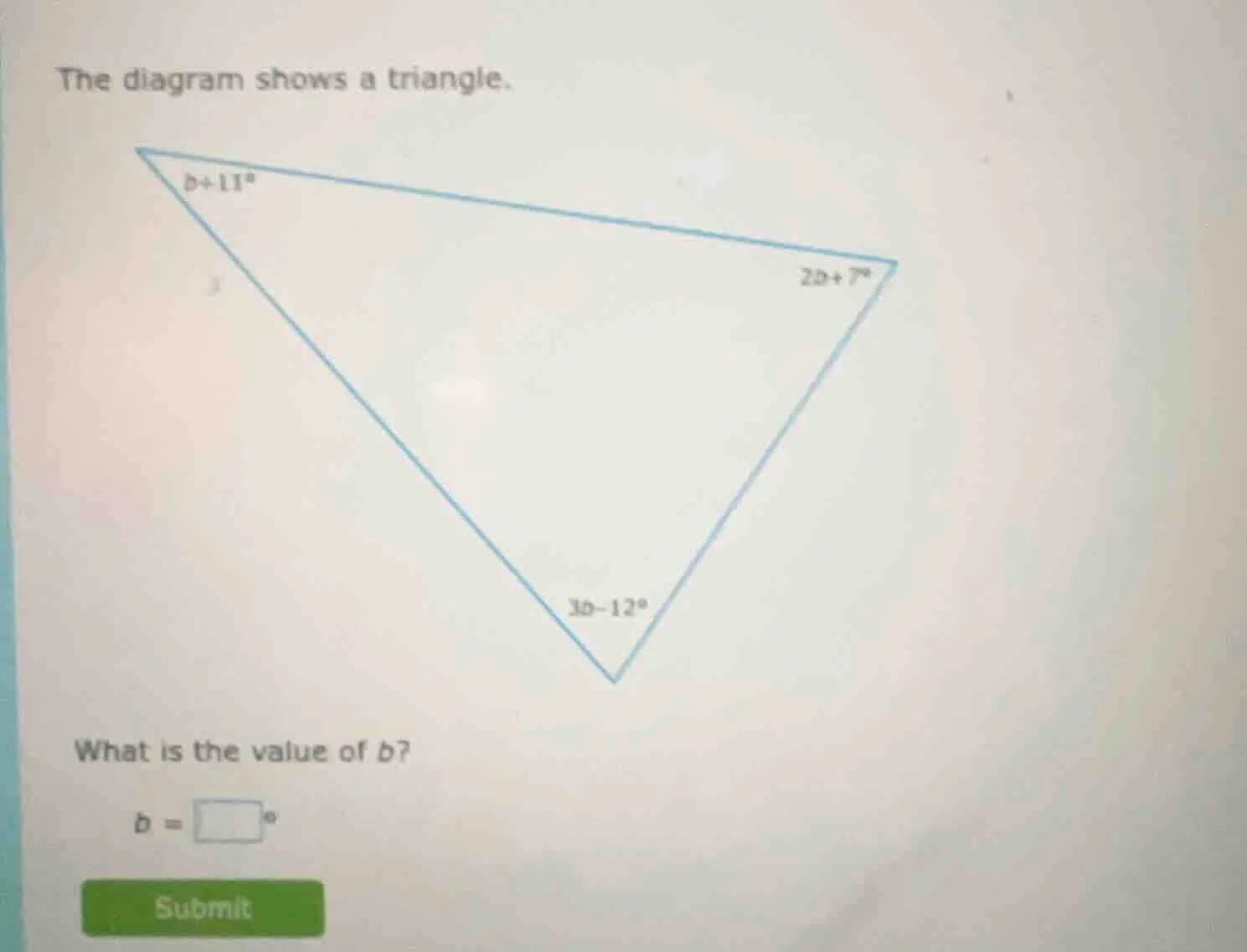 the diagram shows a triangle. what is the value of b? b = \\square^\\ci…