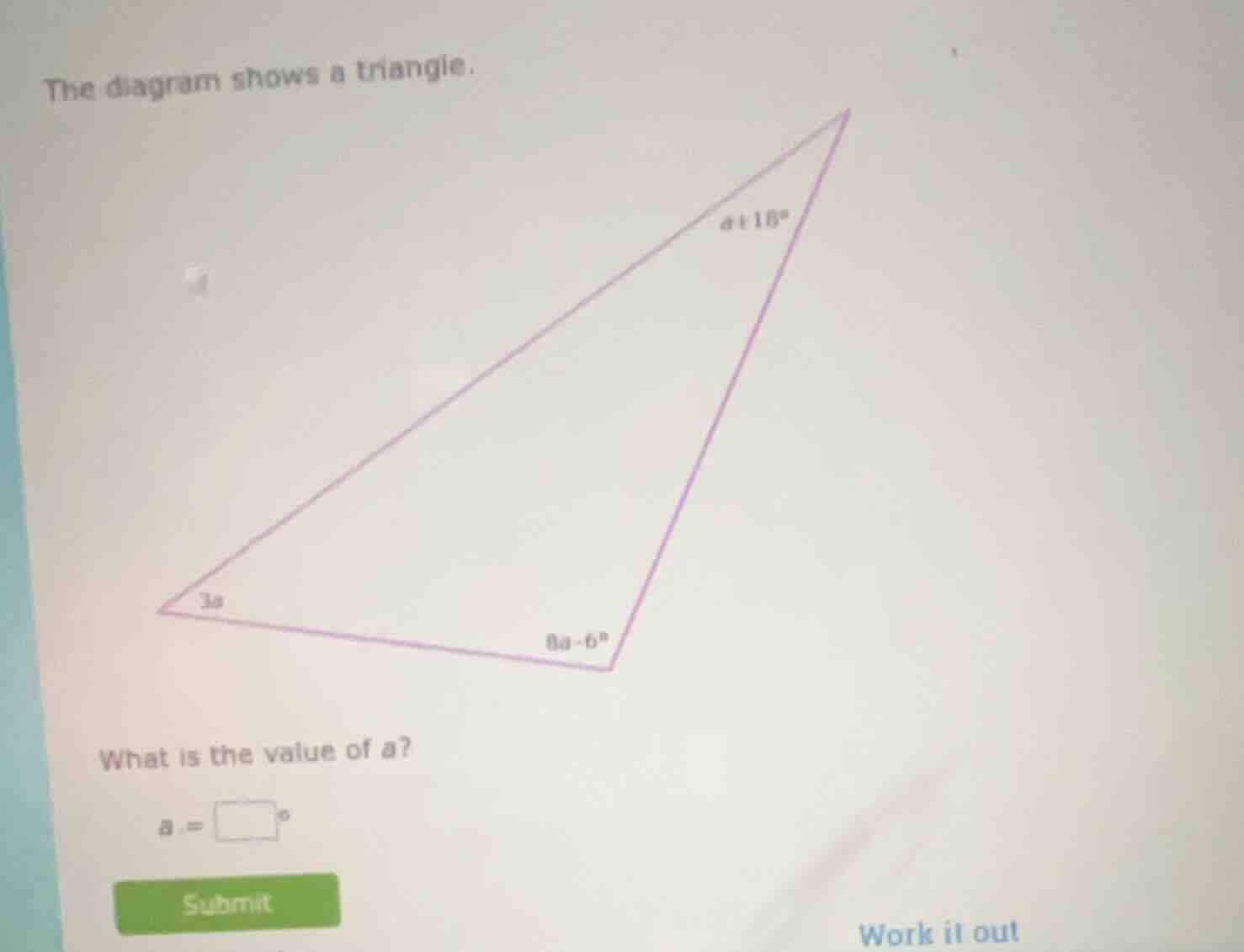 the diagram shows a triangle. what is the value of a? a = \\square^\\ci…