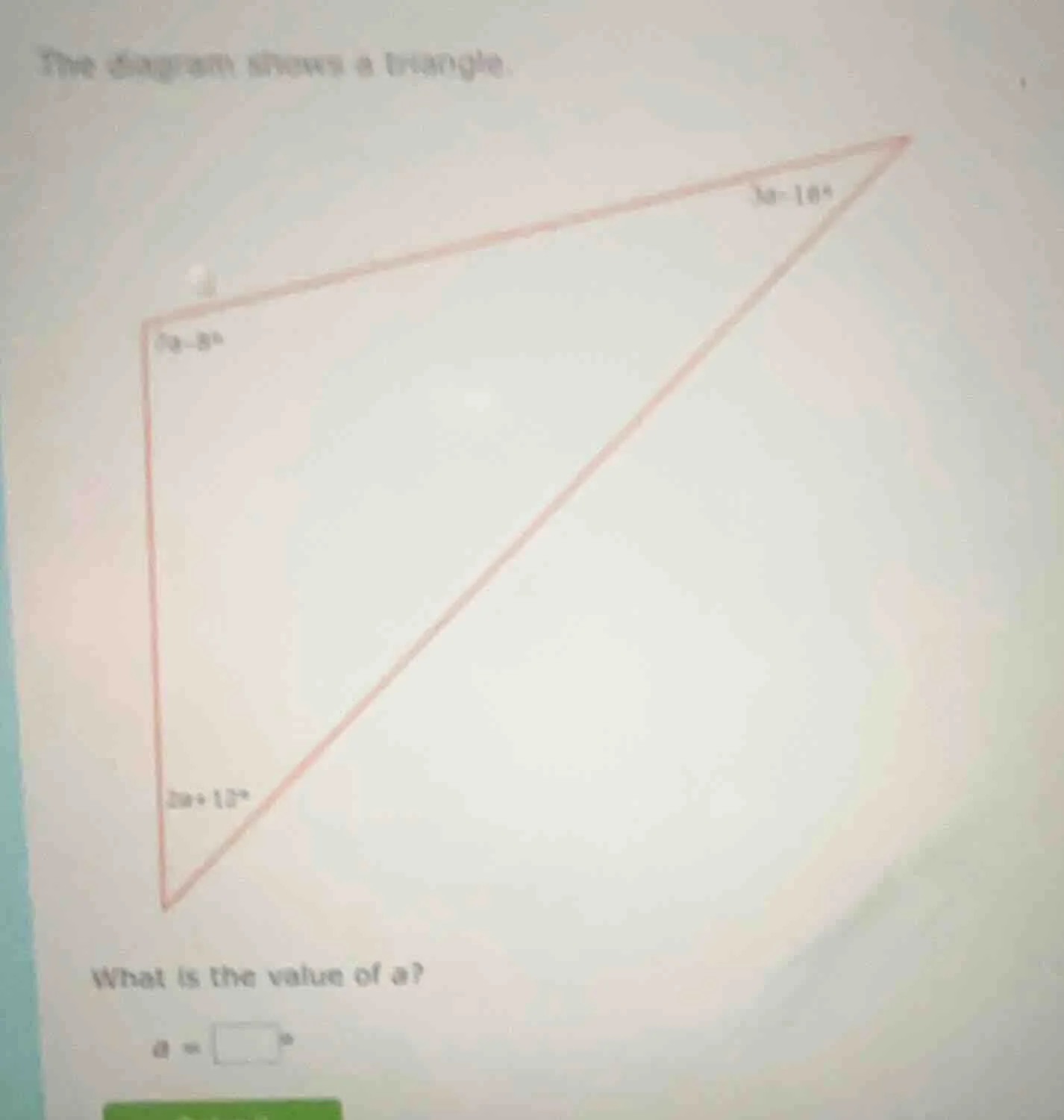 the diagram shows a triangle. what is the value of ( a )? ( a = square^…