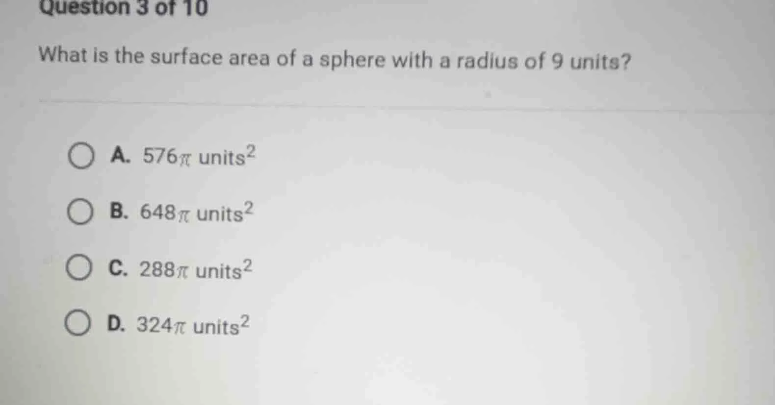 question 3 of 10 what is the surface area of a sphere with a radius of …