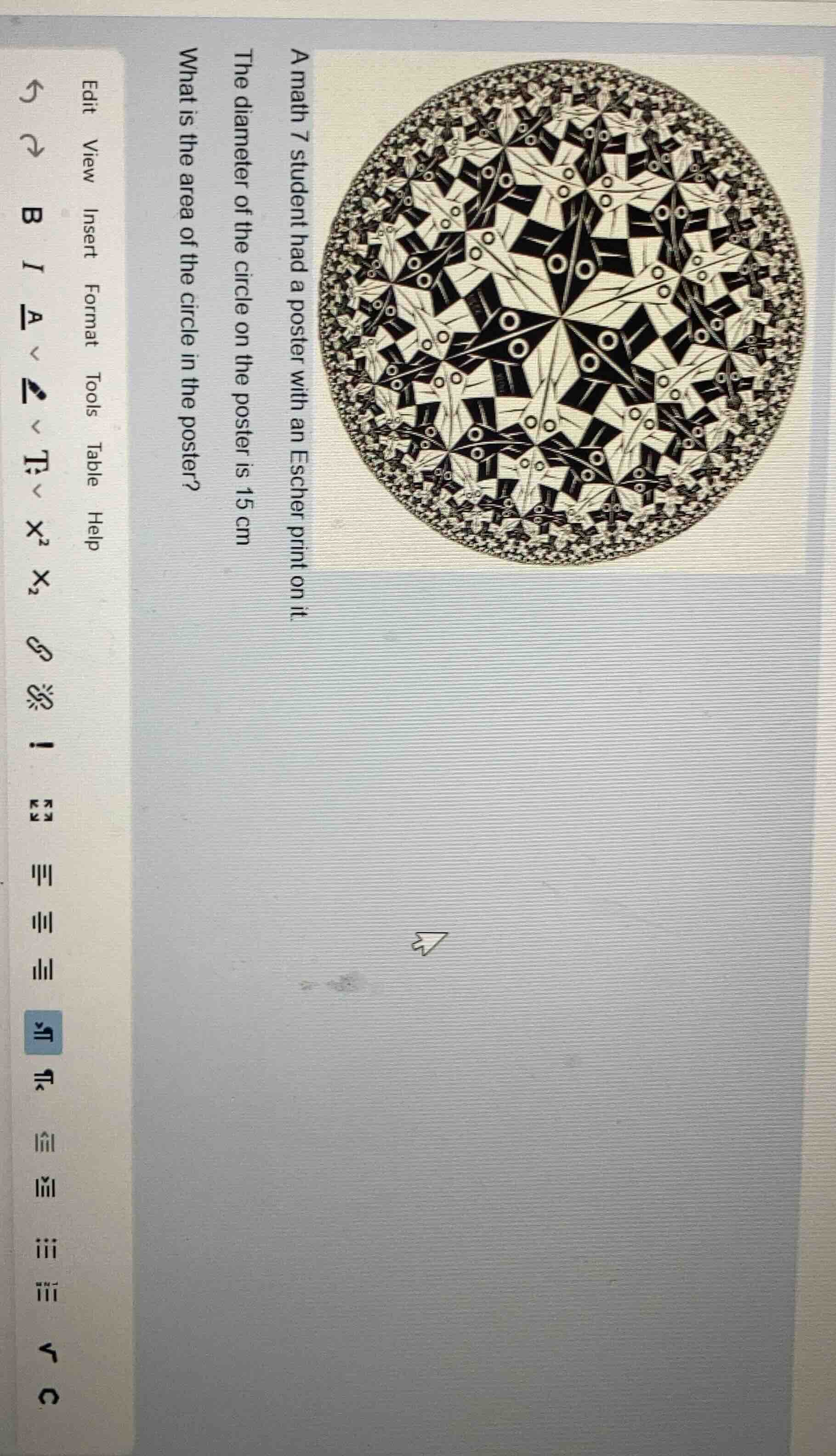 a math 7 student had a poster with an escher print on it. the diameter …