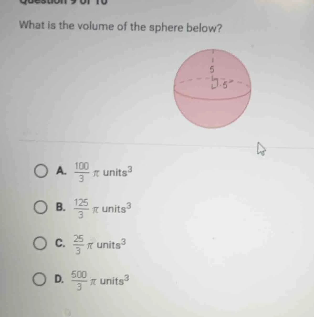 question 9 of 10 what is the volume of the sphere below? a. \\(\\frac{1…