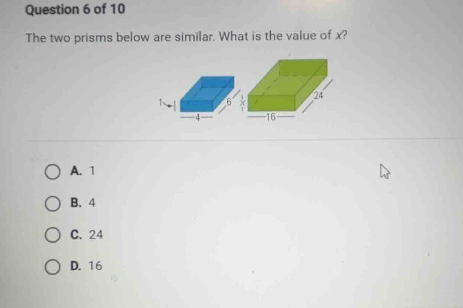 question 6 of 10 the two prisms below are similar. what is the value of…