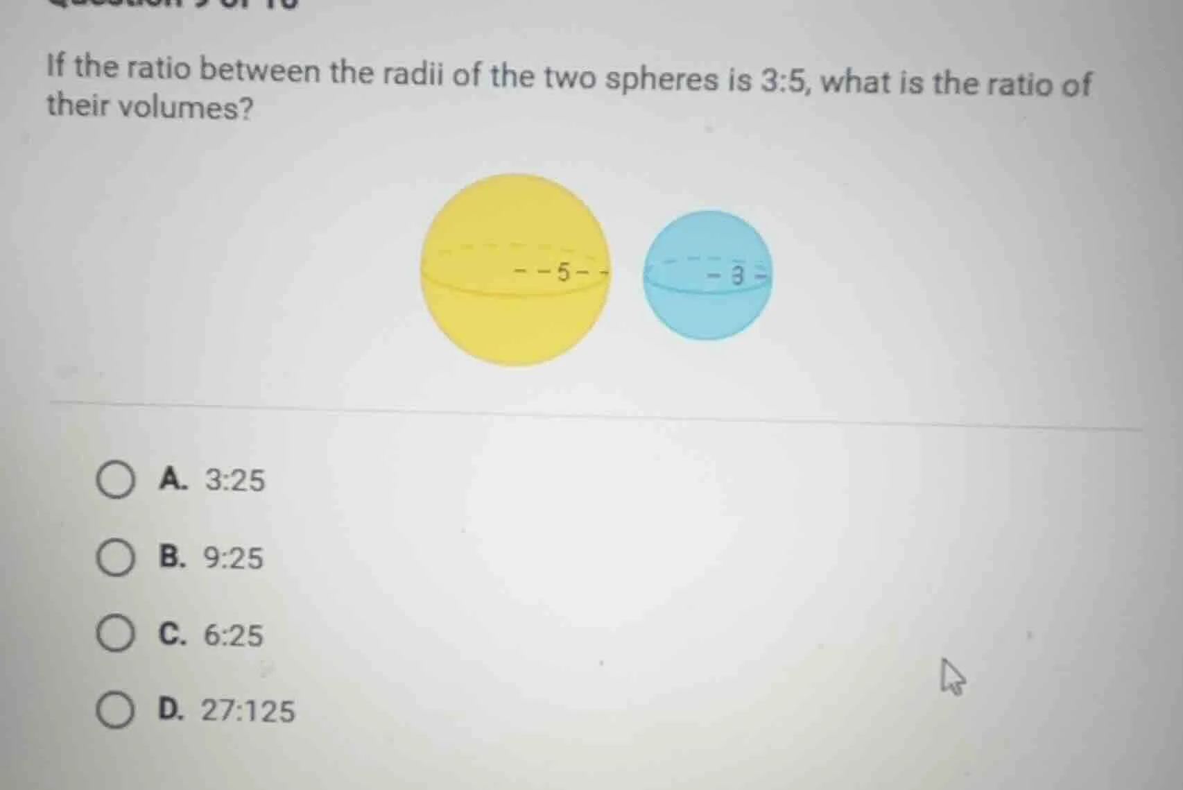if the ratio between the radii of the two spheres is 3:5, what is the r…