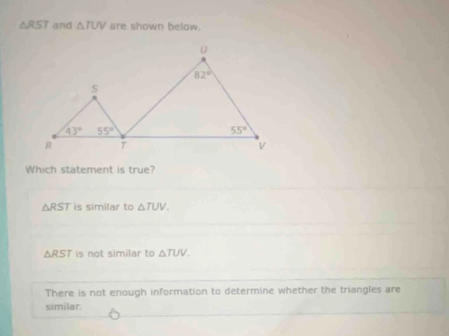 △rst and △tuv are shown below. which statement is true? △rst is similar…