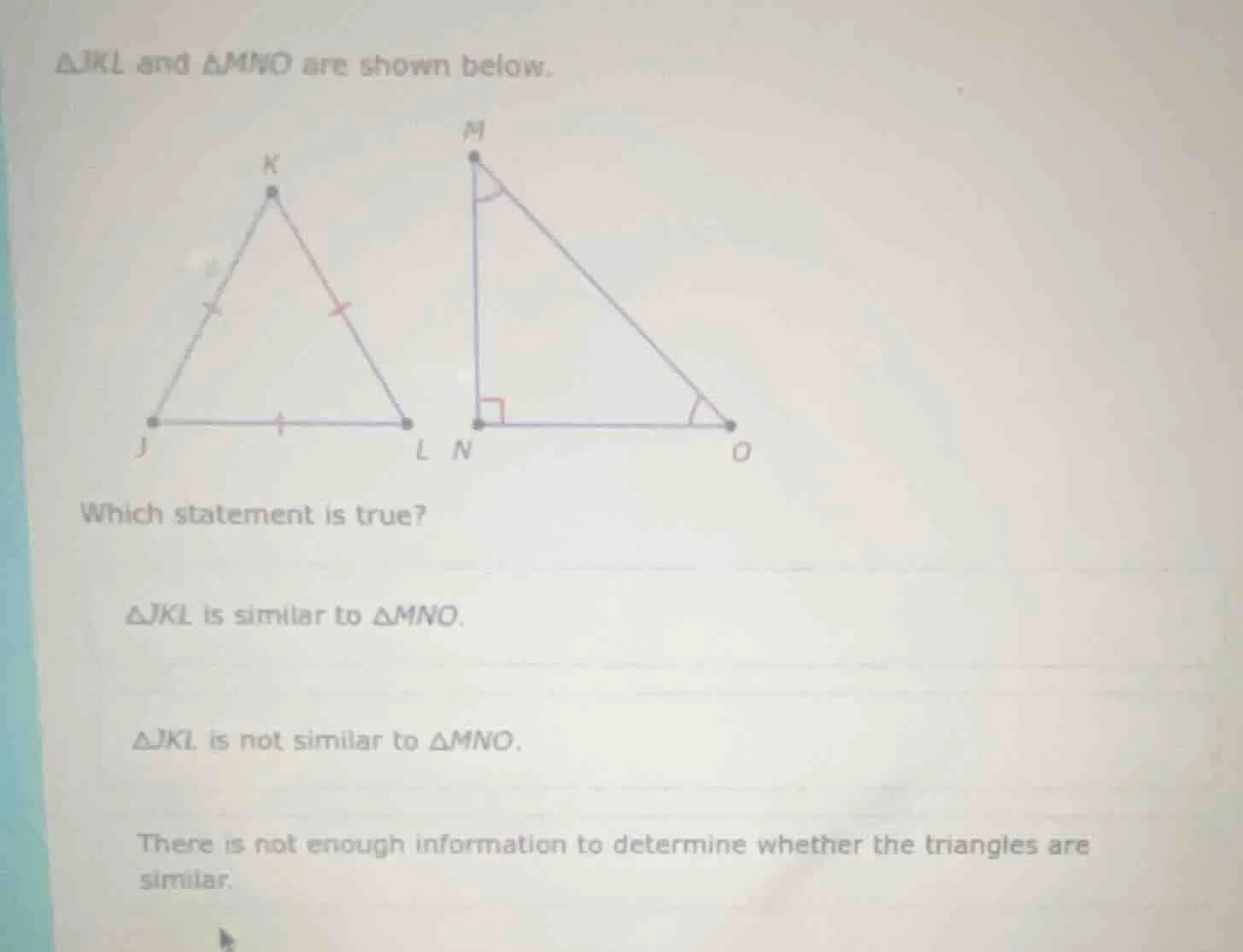 △jkl and △mno are shown below. which statement is true? △jkl is similar…