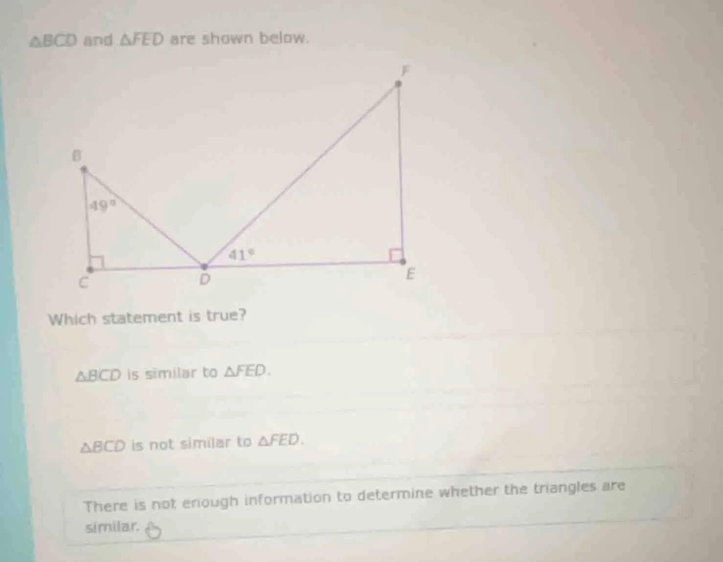 △bcd and △fed are shown below. which statement is true? △bcd is similar…
