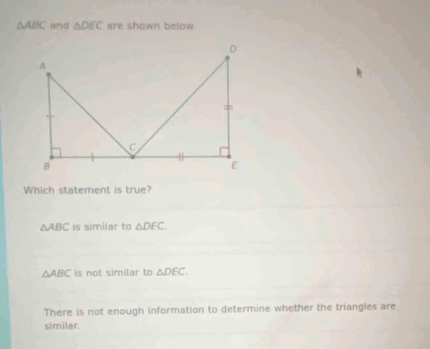 △abc and △dec are shown below. which statement is true? △abc is similar…