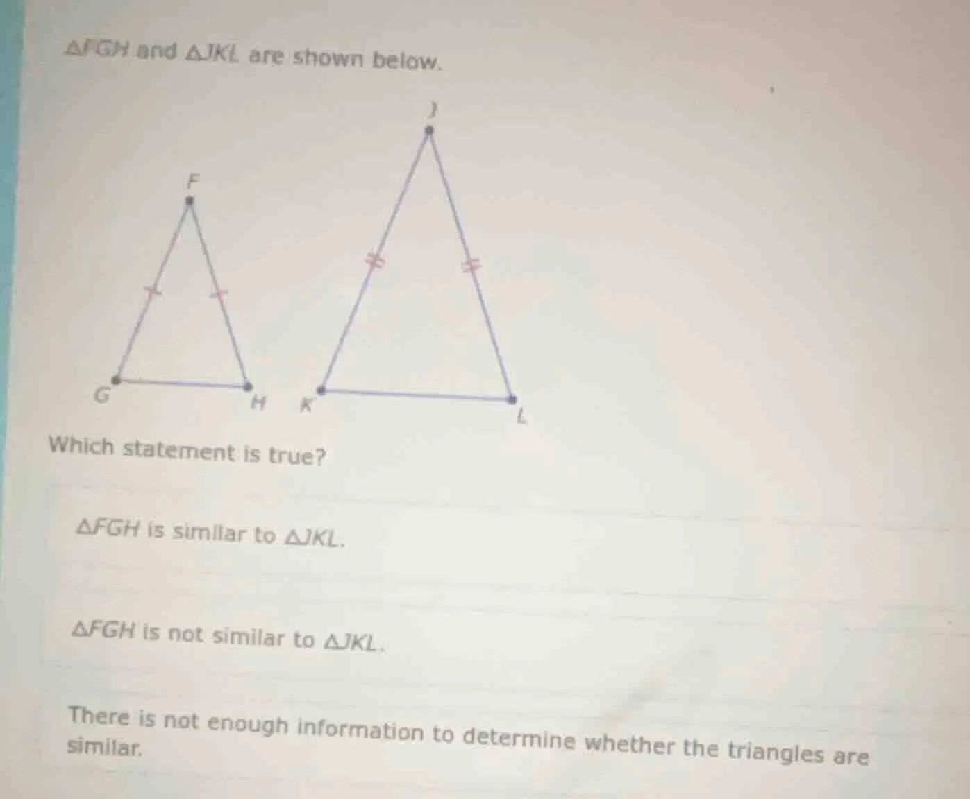 △fgh and △jkl are shown below. which statement is true? △fgh is similar…