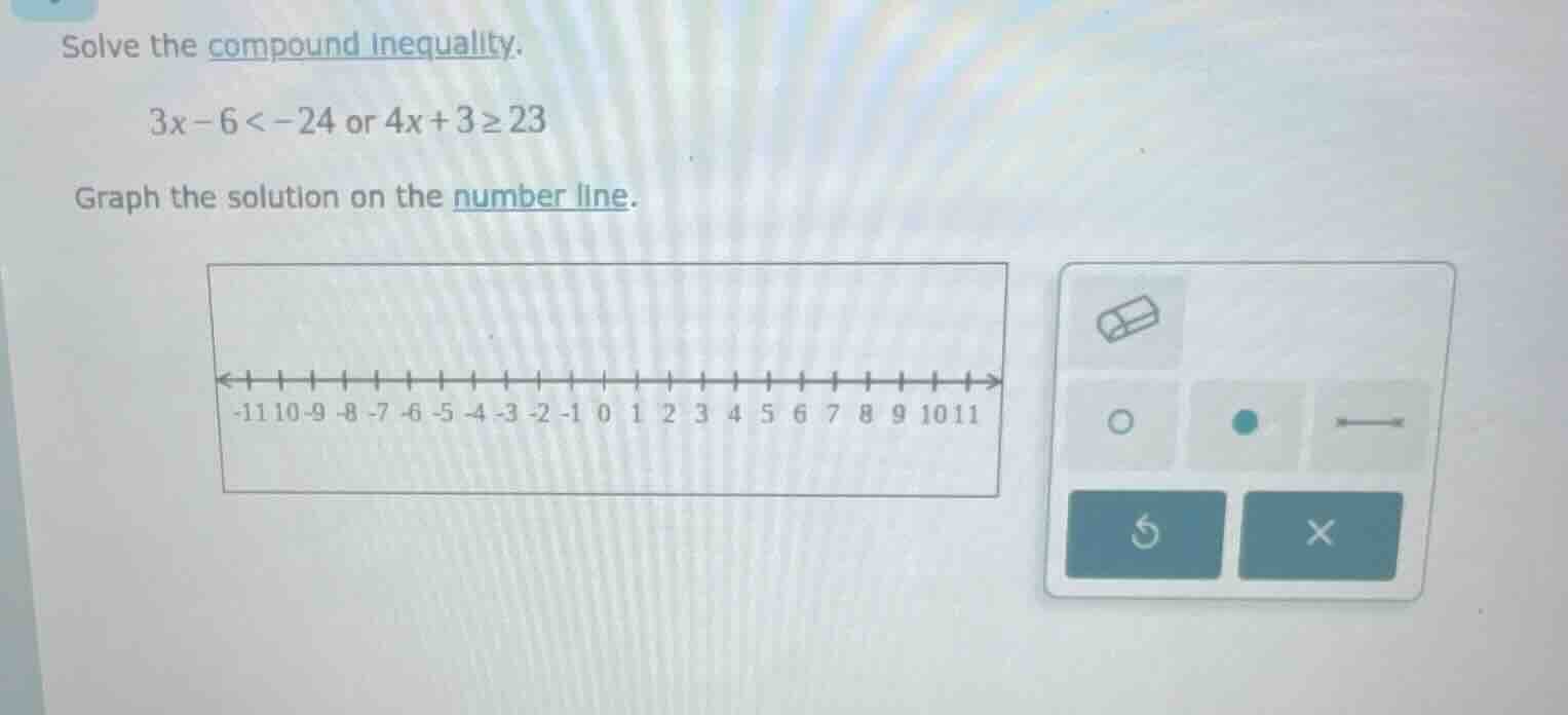solve the compound inequality.\\(3x - 6 < -24\\) or \\(4x + 3 \\geq 23\…
