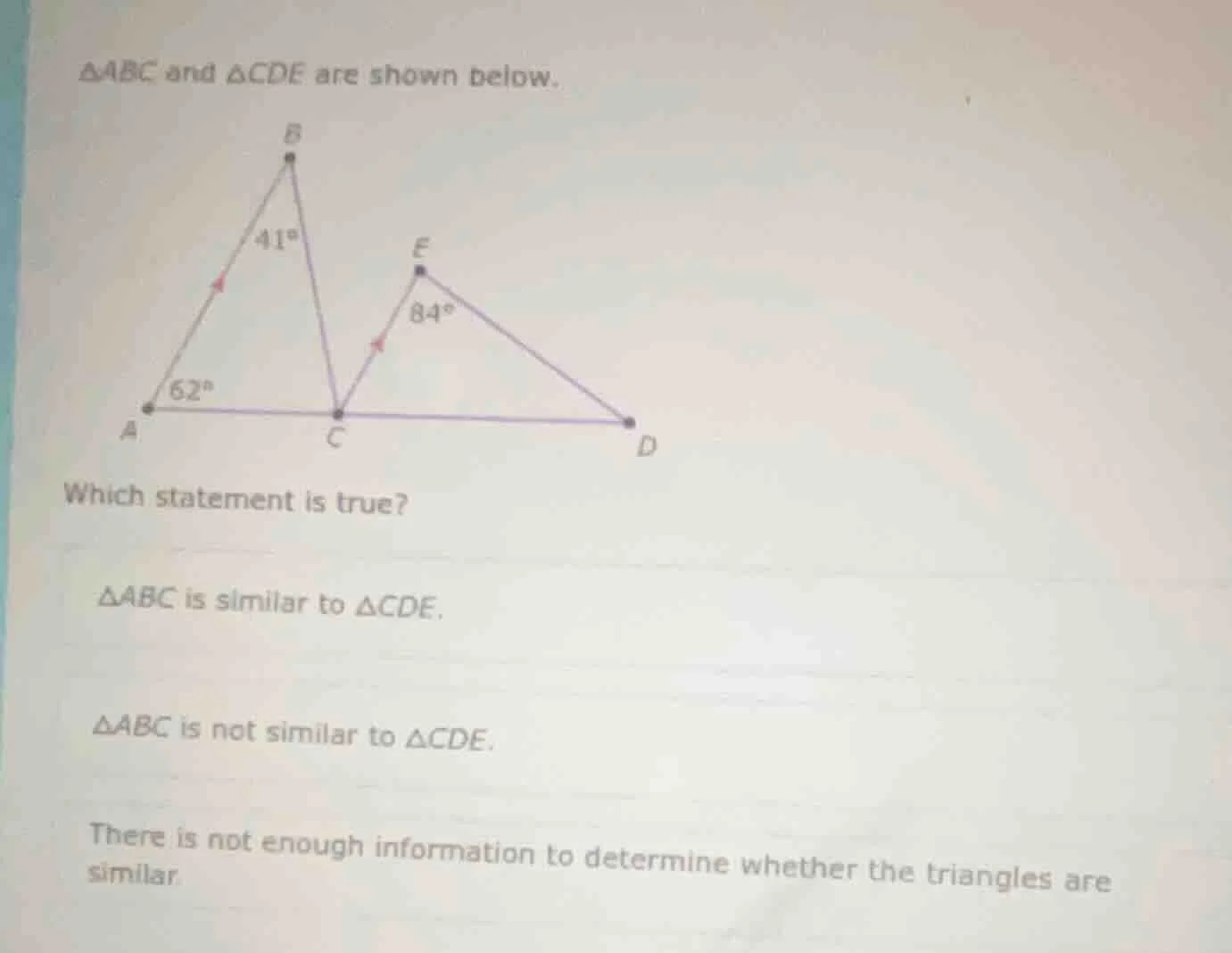 △abc and △cde are shown below. which statement is true? △abc is similar…
