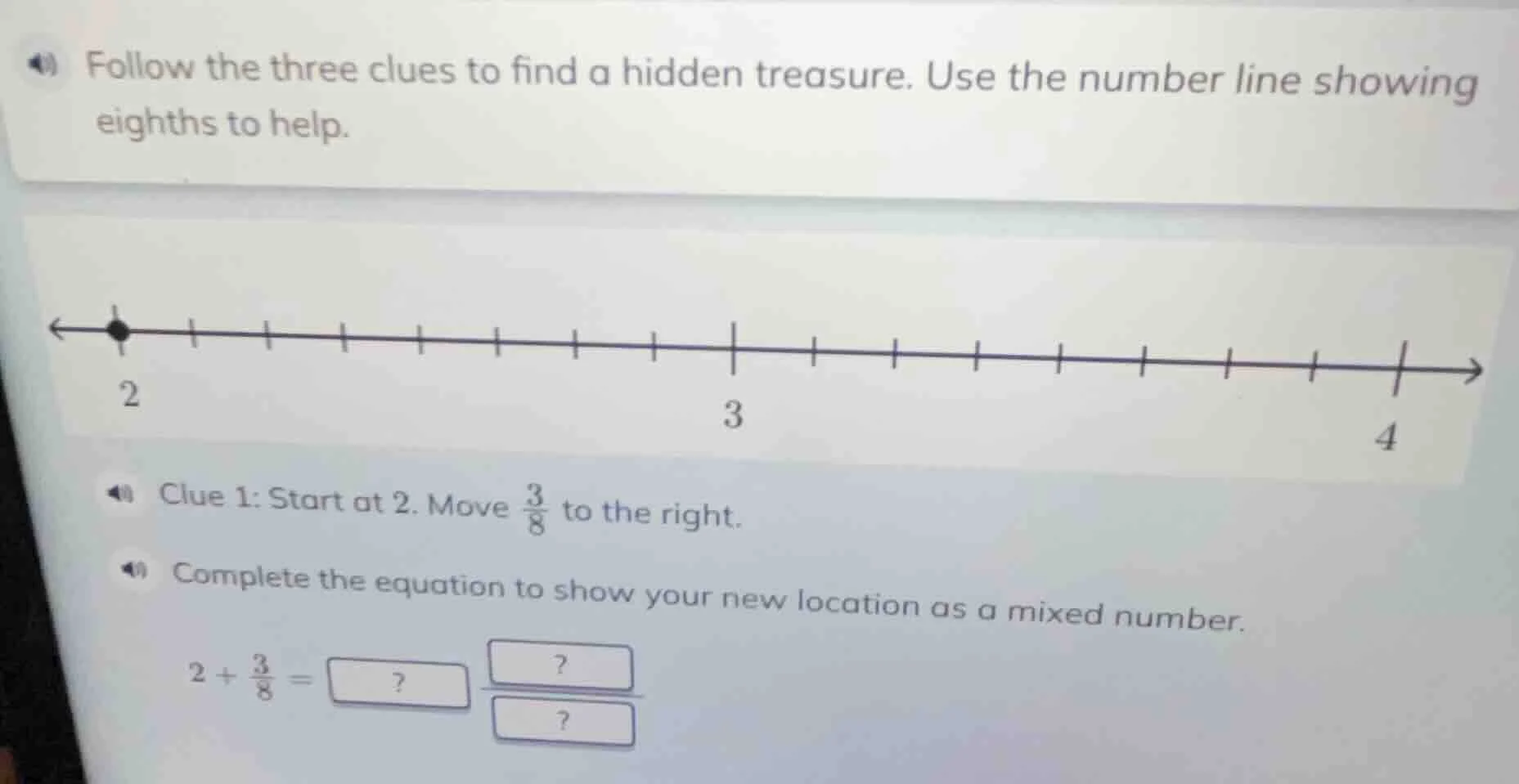 follow the three clues to find a hidden treasure. use the number line s…