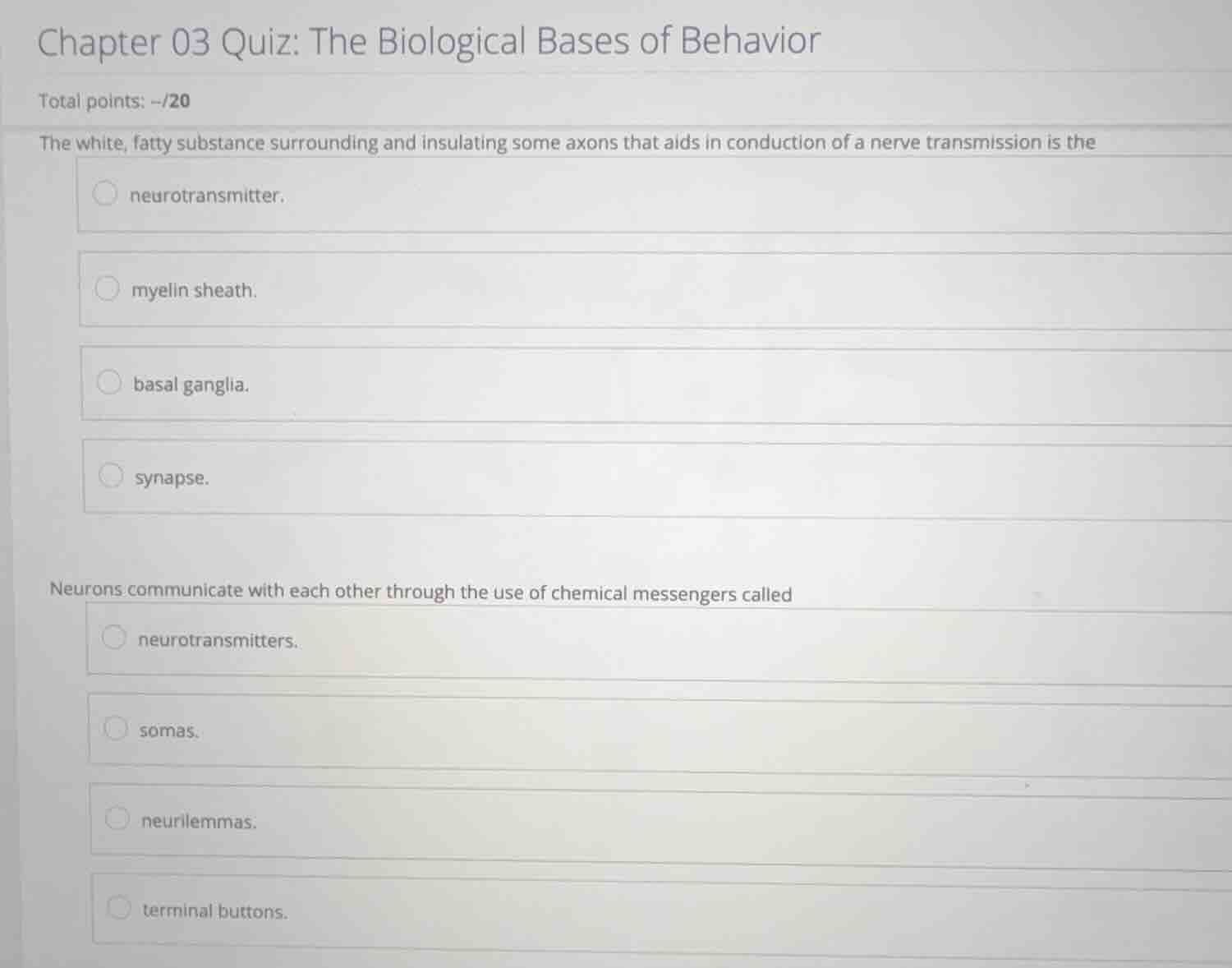 chapter 03 quiz: the biological bases of behavior total points: -/20 th…