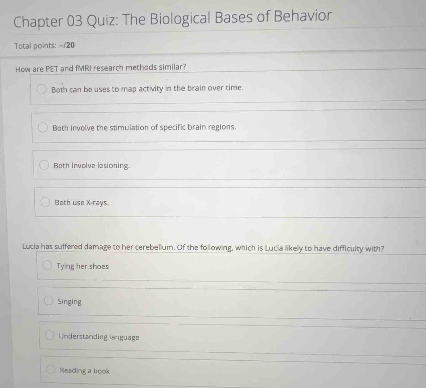 chapter 03 quiz: the biological bases of behavior total points: --/20 h…